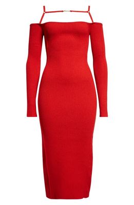 Jacquemus La Robe Sierra Cold Shoulder Long Sleeve Rib Cotton Sweater Dress in Red