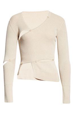 Jacquemus Le Cardigan Tordu Ribbed Cutout Sweater in Light Beige