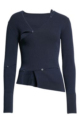 Jacquemus Le Cardigan Tordu Ribbed Cutout Sweater in Navy
