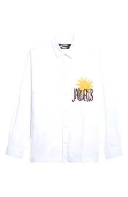 Jacquemus Le Chemise Baou Sun Embroidered Logo Button-Up Shirt in White/Yellow Sun