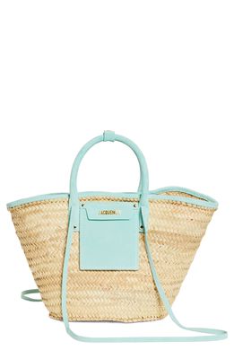 Jacquemus Le Panier Soleil Straw & Leather Tote in Light Turquoise