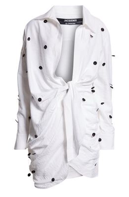 Jacquemus Le Robe Bahia Embroidered Polka Dot Long Sleeve Sash Dress in White/Black Dots Embroi