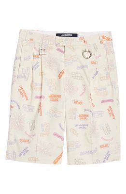 Jacquemus Le Short Rond Carré Logo Graphic Bermuda Shorts in Ivory Print Multi Tags