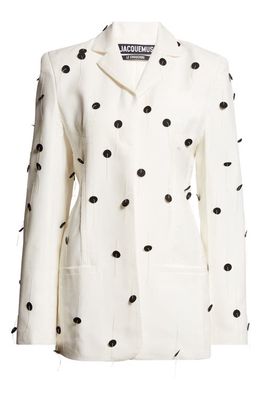 Jacquemus Le Veste Caraco Embroidered Polka Dot Belted Single Breasted Blazer in White /Black Dots Embroi