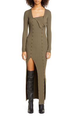 Jacquemus Maille Azur Button Panel Long Sleeve Ribbed Dress in Khaki