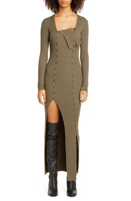 Jacquemus Maille Azur Button Panel Long Sleeve Ribbed Dress in Khaki Jacquemus Maille Azur Button Panel Long Sleeve Ribbed Dress in Khaki