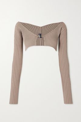 Jacquemus - Pralù Embellished Cropped Ribbed-knit Cardigan - Neutrals