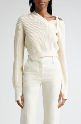 Jacquemus Selville Asymmetric Crop Buckle Strap Wool Blend Rib Sweater in Off-White