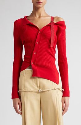 Jacquemus The Colin Asymmetric Neck Rib Wool Blend Sweater in Red