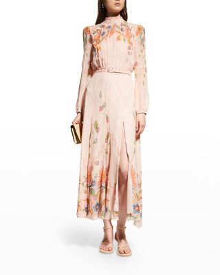 Jacqui-B Belted Floral Silk Midi Dress