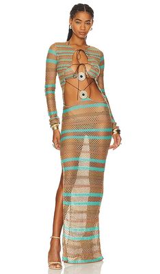 Jaded London Allure Stripe Knitted Maxi Dress in Teal