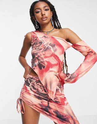 Jaded London asymmetric crop top in retro rose print - part of a set-Red