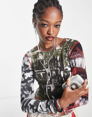 Jaded London fitted long sleeve top with mix graphic in multi