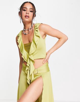 Jaded London v-neck cap sleeve Y2K frill top in khaki - part of a set-Green