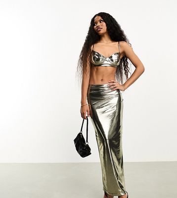 Jaded Rose Petite metallic drape maxi skirt in chrome - part of a set-Silver
