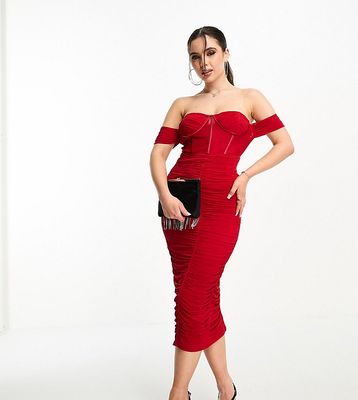 Jaded Rose Petite ruched corset waist sheer midaxi dress in red