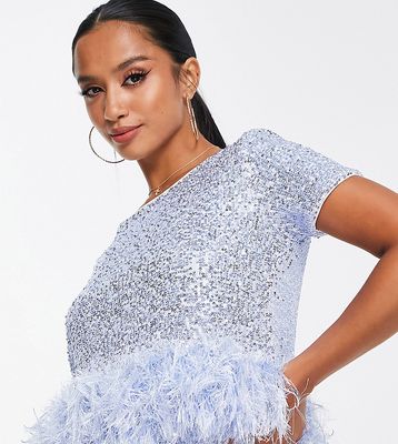 Jaded Rose Petite short sleeve crop top with faux feather trim in baby blue sequin - part of a set