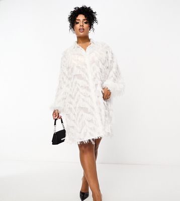 Jaded Rose Plus faux feather shirt mini dress in ivory-White