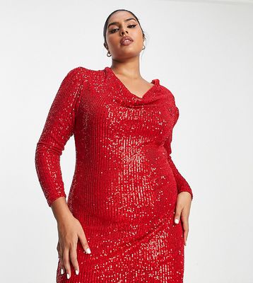Jaded Rose Plus long sleeve mini dress with cowl neck in red sequin