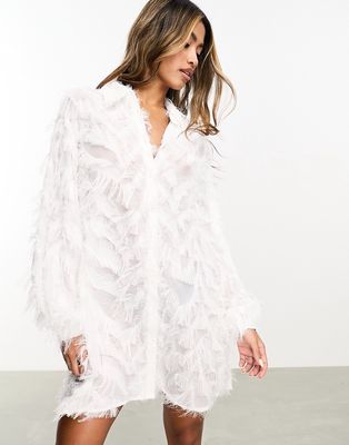 Jaded Rose sheer faux feather mini dress in ivory-White