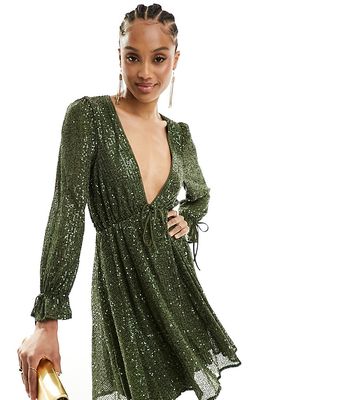 Jaded Rose Tall embellished babydoll mini dress in olive-Green