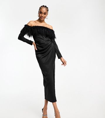 Jaded Rose Tall velvet faux feather midaxi dress in black