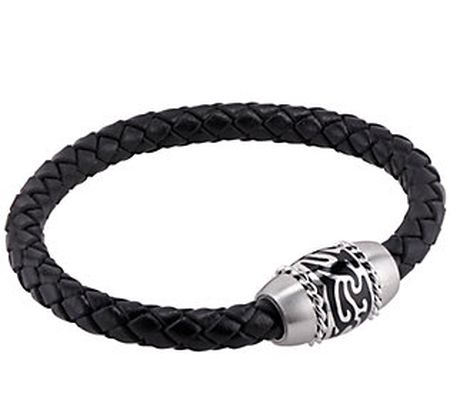 James Michael Men's Stainless Tribal Black Leat her Bracelet