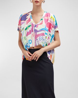 Jane Abstract-Print High-Low Silk Top