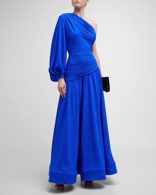 Japera Pleated One-Shoulder Balloon-Sleeve Gown