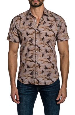 Jared Lang Bird Print Short Sleeve Button-Up Shirt in Brown