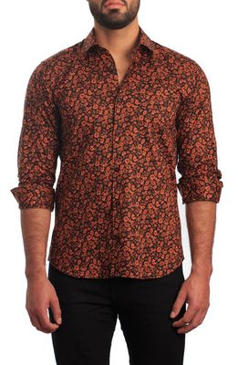 Jared Lang Trim Fit Floral Cotton Button-Up Shirt in Black And Orange