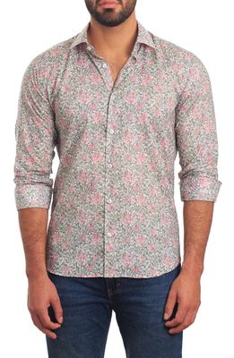 Jared Lang Trim Fit Floral Cotton Button-Up Shirt in Green And White