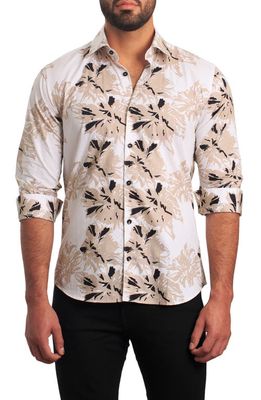 Jared Lang Trim Fit Floral Cotton Button-Up Shirt in White And Beige