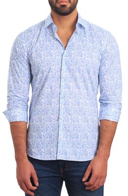 Jared Lang Trim Fit Floral Cotton Button-Up Shirt in White And Blue