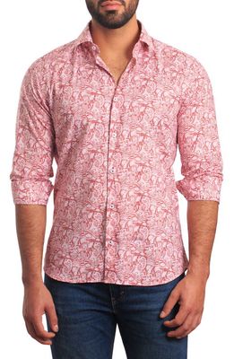Jared Lang Trim Fit Floral Paisley Cotton Button-Up Shirt in Maroon