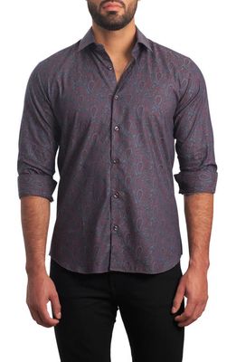 Jared Lang Trim Fit Floral Paisley Cotton Button-Up Shirt in Slate Chambray