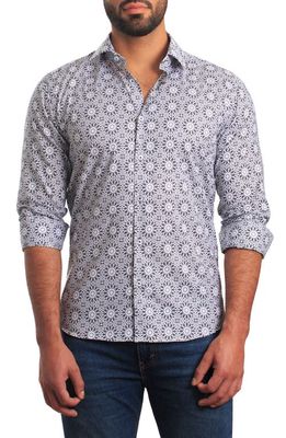 Jared Lang Trim Fit Floral Print Cotton Button-Up Shirt in White And Black