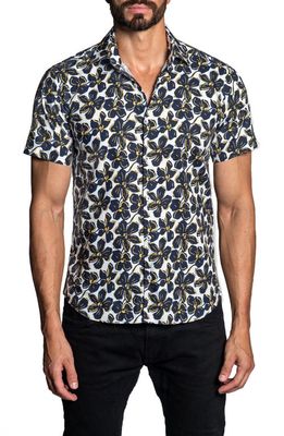 Jared Lang Trim Fit Floral Print Short Sleeve Button-Up Shirt in White - Navy