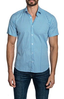 Jared Lang Trim Fit Geo Print Short Sleeve Cotton Button-Up Shirt in White /Blue