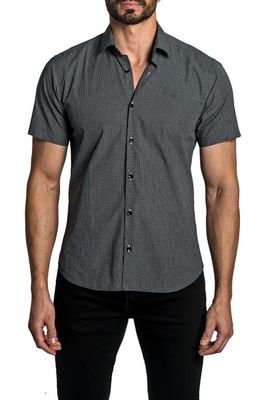 Jared Lang Trim Fit Grid Print Short Sleeve Cotton Button-Up Shirt in Black