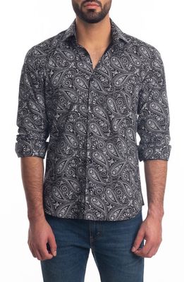 Jared Lang Trim Fit Paisley Cotton Button-Up Shirt in Black Paisley