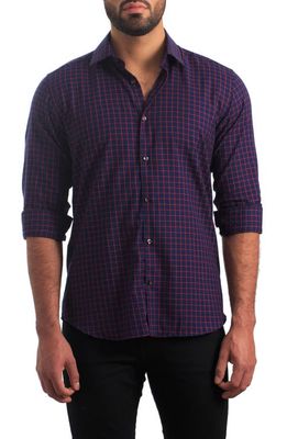 Jared Lang Trim Fit Plaid Cotton Button-Up Shirt in Navy And Red