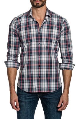 Jared Lang Trim Fit Plaid Cotton Button-Up Shirt in Navy Red Check