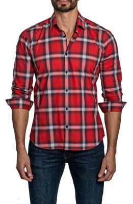 Jared Lang Trim Fit Plaid Cotton Button-Up Shirt in Red Check