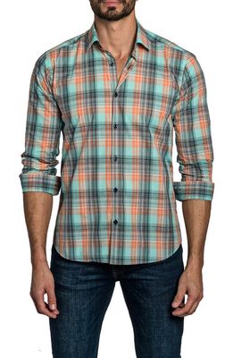 Jared Lang Trim Fit Plaid Cotton Button-Up Shirt in Turquoise Check