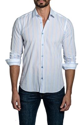 Jared Lang Trim Fit Stripe Cotton Button-Up Shirt in Grey /Blue