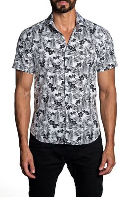 Jared Lang Trim Fit Tropical Print Short Sleeve Button-Up Shirt in White - Black