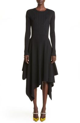 Jason Wu Collection Asymmetric Handkerchief Hem Long Sleeve Lamé Midi Dress in Black Lame