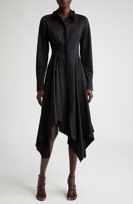 Jason Wu Collection Beaded Collar Long Sleeve Asymmetric Stretch Cotton Shirtdress in Black