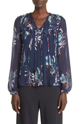 Jason Wu Collection Floral Crinkle Silk Chiffon Blouse in Navy Lilac Multi